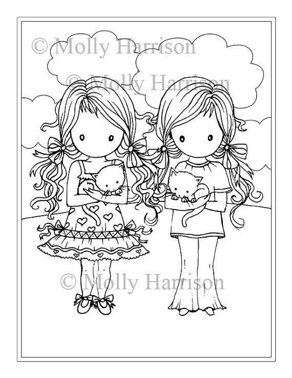 570x738 Little Twin Girls With Kitties Coloring Page By Mollyharrisonart