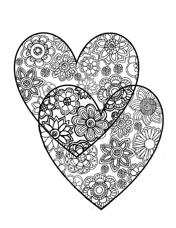 570x738 Two Hearts, Love. Adult Coloring Page, Instant Digital Download