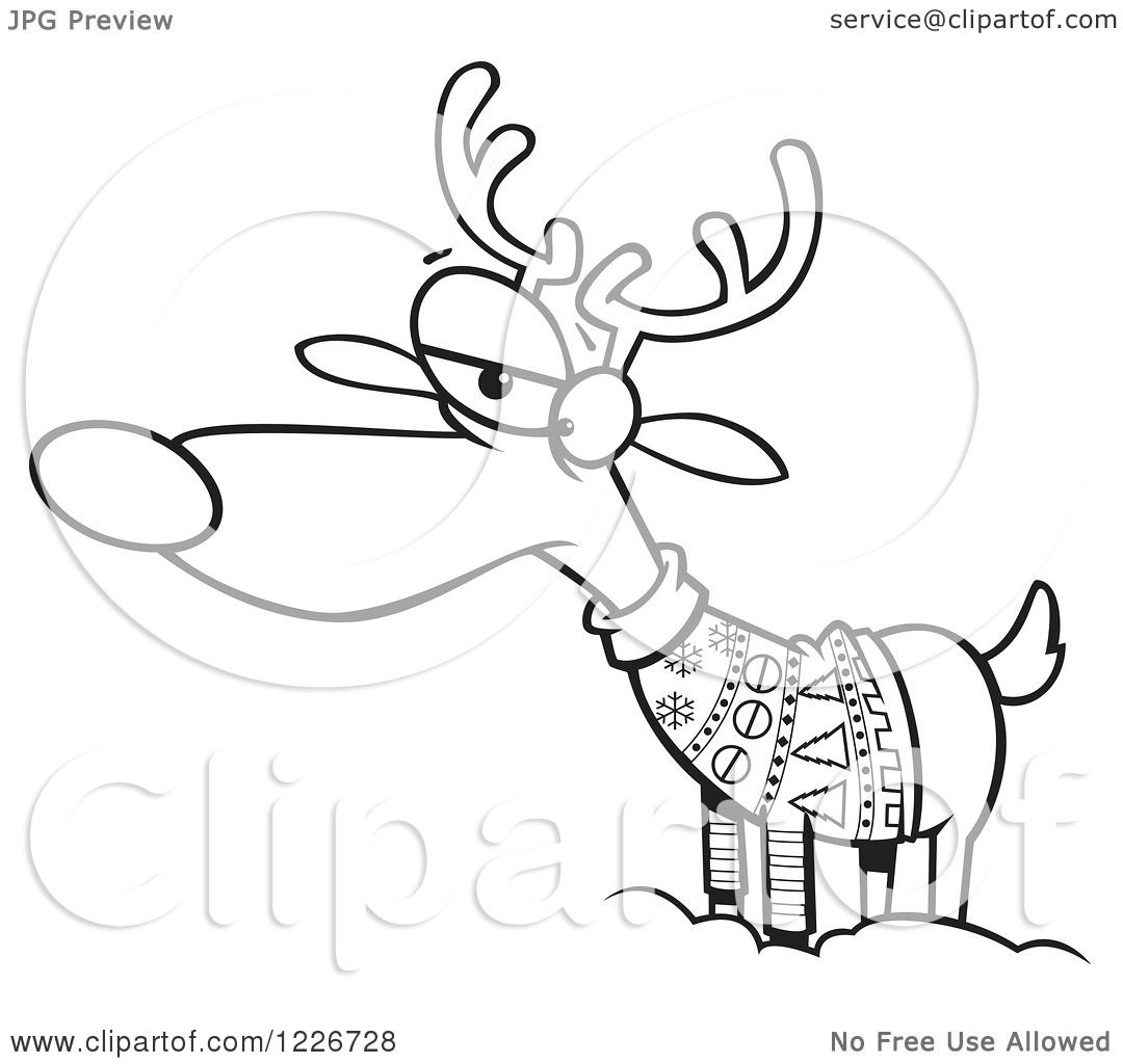 1080x1024 Clipart Of A Cartoon Black And White Unhappy Reindeer In An Ugly