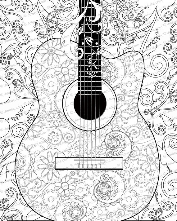 570x713 New Guitar Flowers Adult Coloring Page Printable Adult Guitar