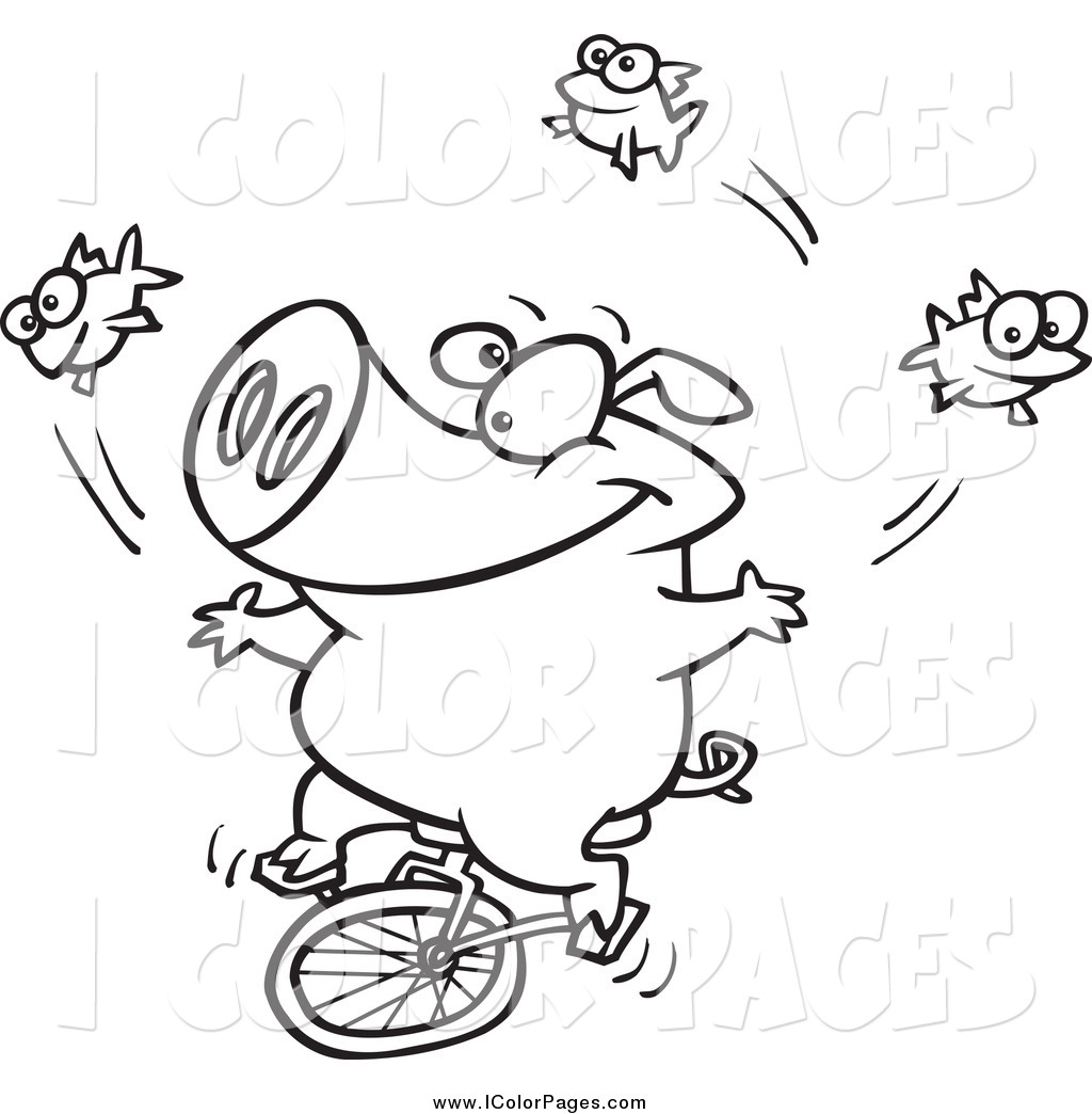 1024x1044 Vector Coloring Page Of A Black And White Unicycling Pig Juggling