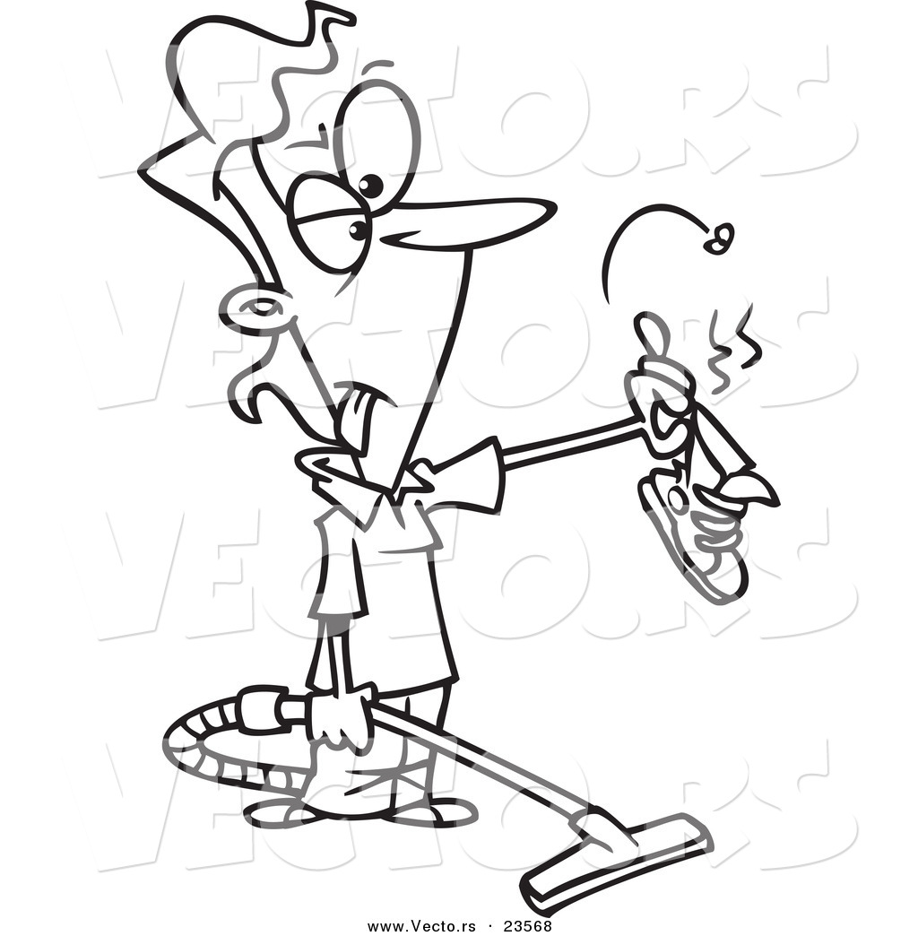 1024x1044 Vector Of A Cartoon Vacuuming Woman Holding A Stinky Shoe