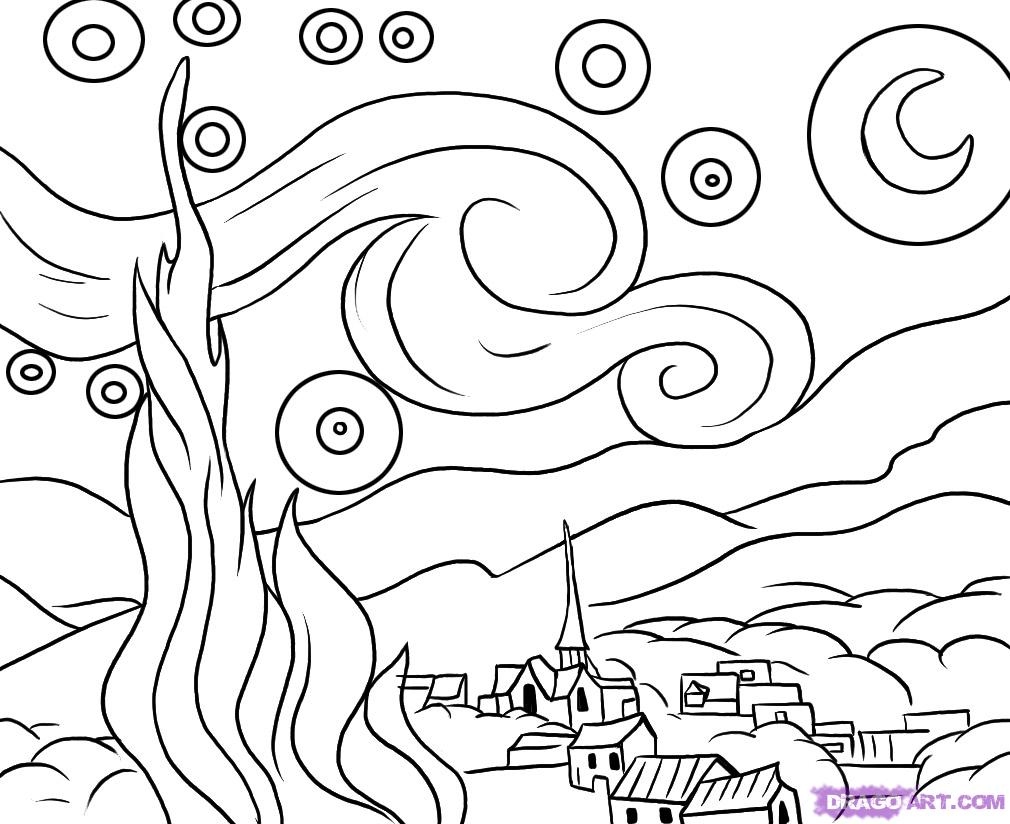 1010x824 Starry Night Coloring Page Unique Starry Night By Van Gogh