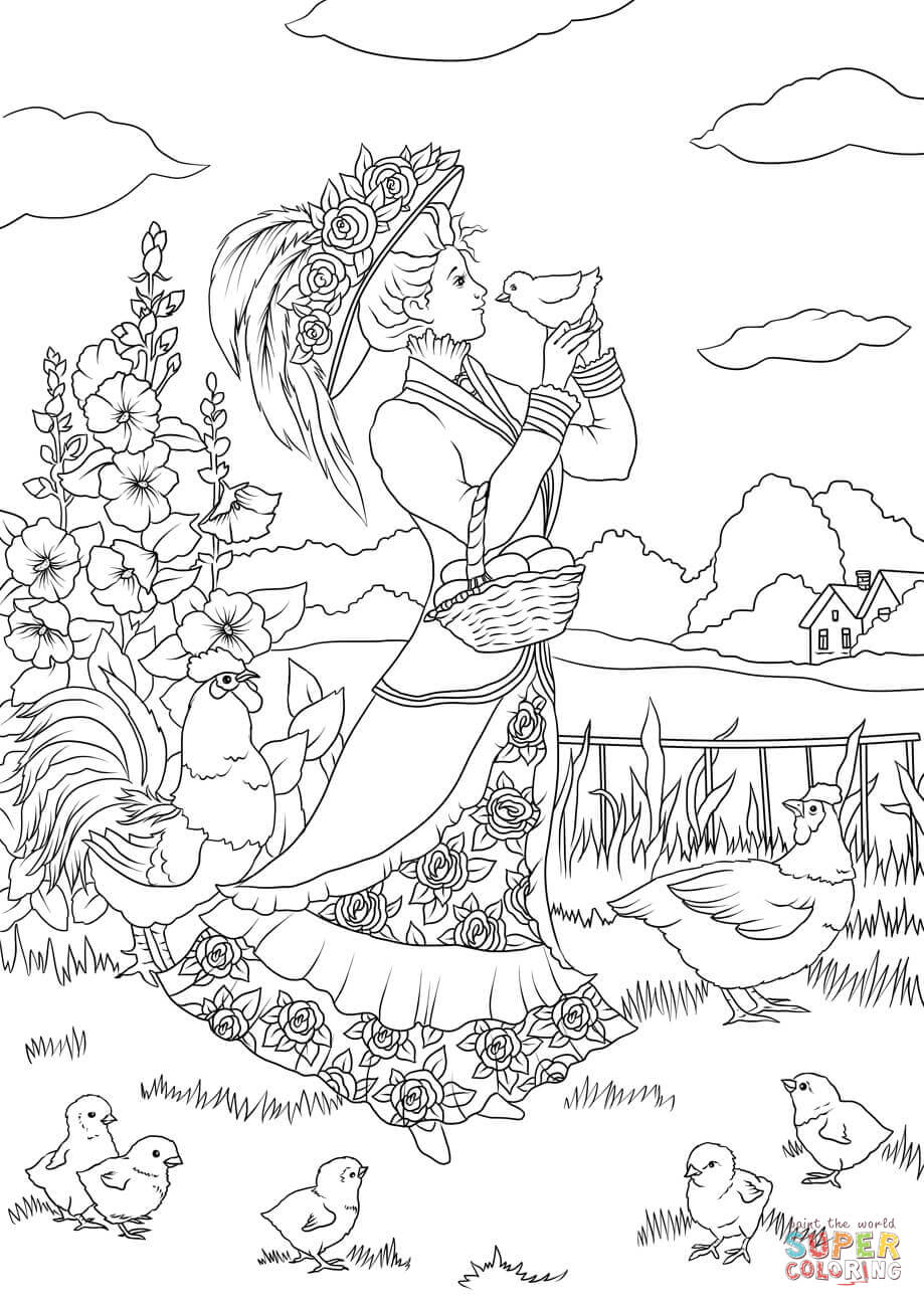919x1300 Victorian Lady And A Chicken In The Countryside Coloring Page Free
