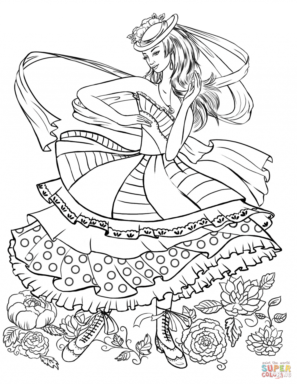 1024x1325 Girl Dancing In Vintage Fashion Clothing Coloring Page Pages Free