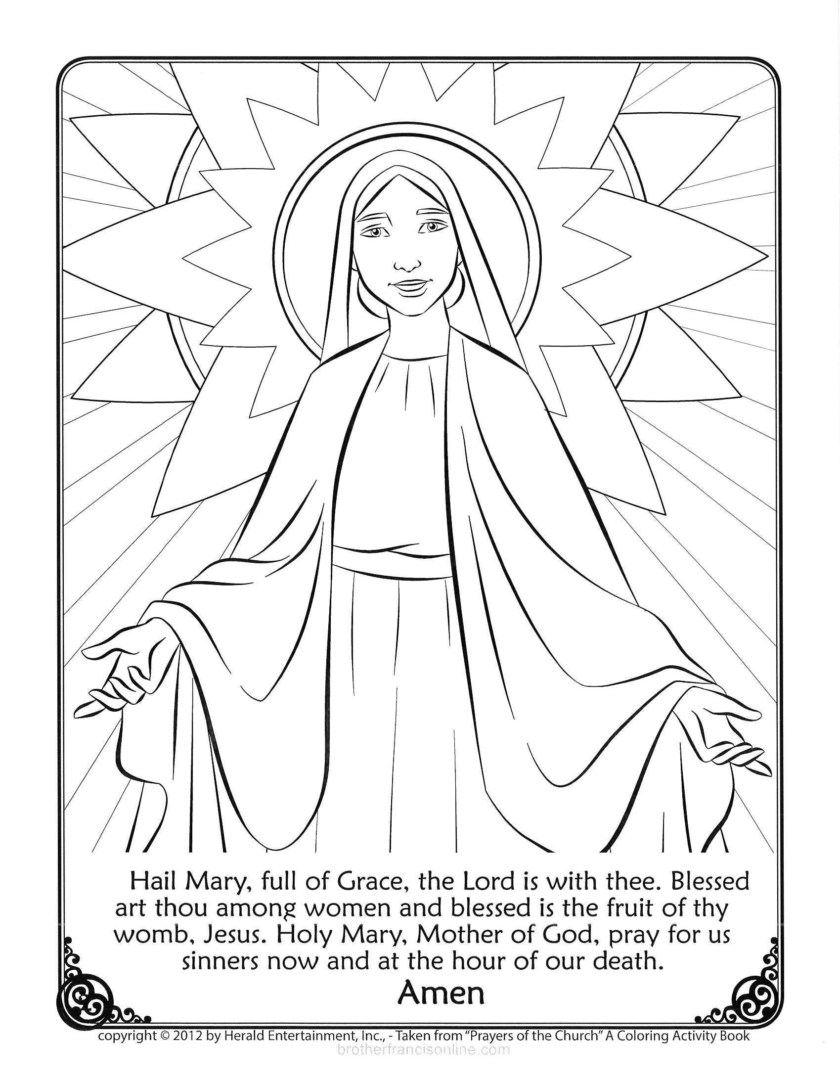 1699x2196 Mary Coloring Page. With The Hail Mary Prayer Printed Below. Color