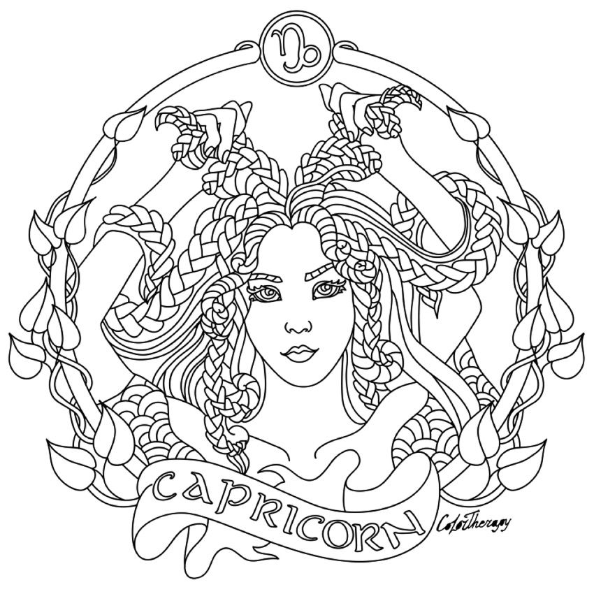 850x850 Capricorn Zodiac Beauty Colouring Page Coloring Page