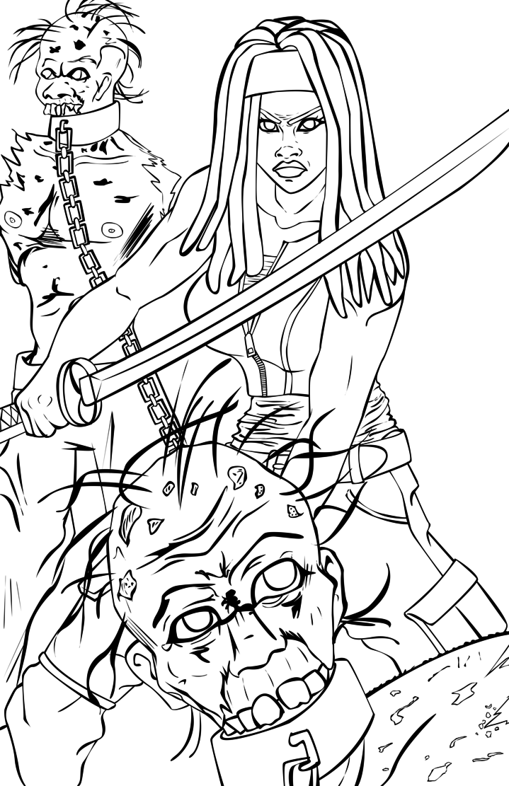 719x1111 Walking Dead Coloring Pages Michonne Line Art By Lcbrown Ojeda