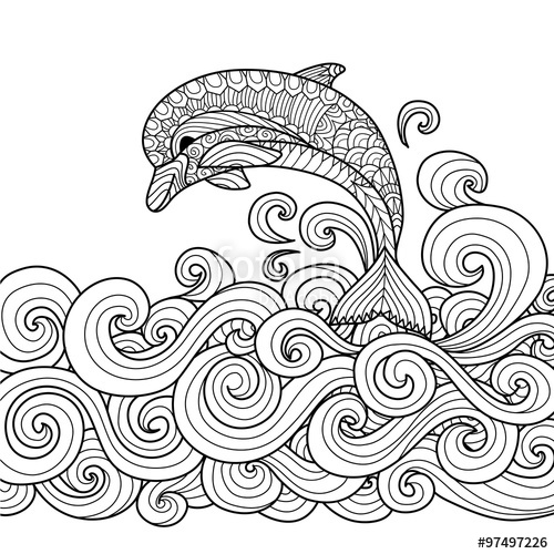 500x500 Hand Drawn Zentangle Dolphin With Scrolling Sea Wave For Coloring