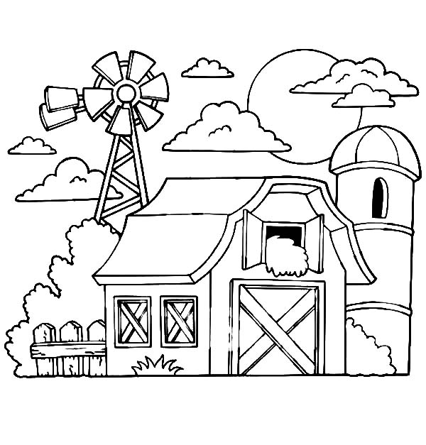 600x627 Barn With Hay In The Loft A Silo And Windmills Coloring Pages