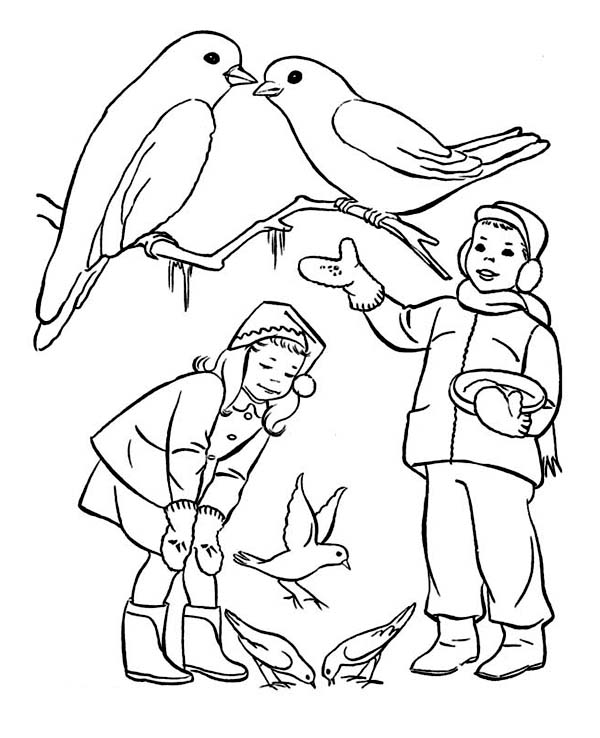 600x738 Two Kids Feeding Birds On Winter Coloring Page