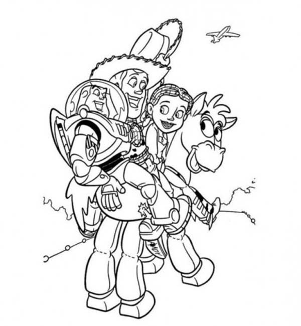 600x650 Buzz Jessie And Woody Riding Bullseye In Toy Story Coloring Page