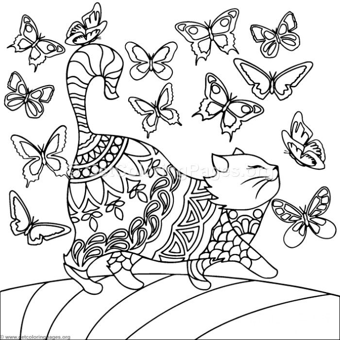 700x700 Zentangle Cat And Butterflies Coloring Pages