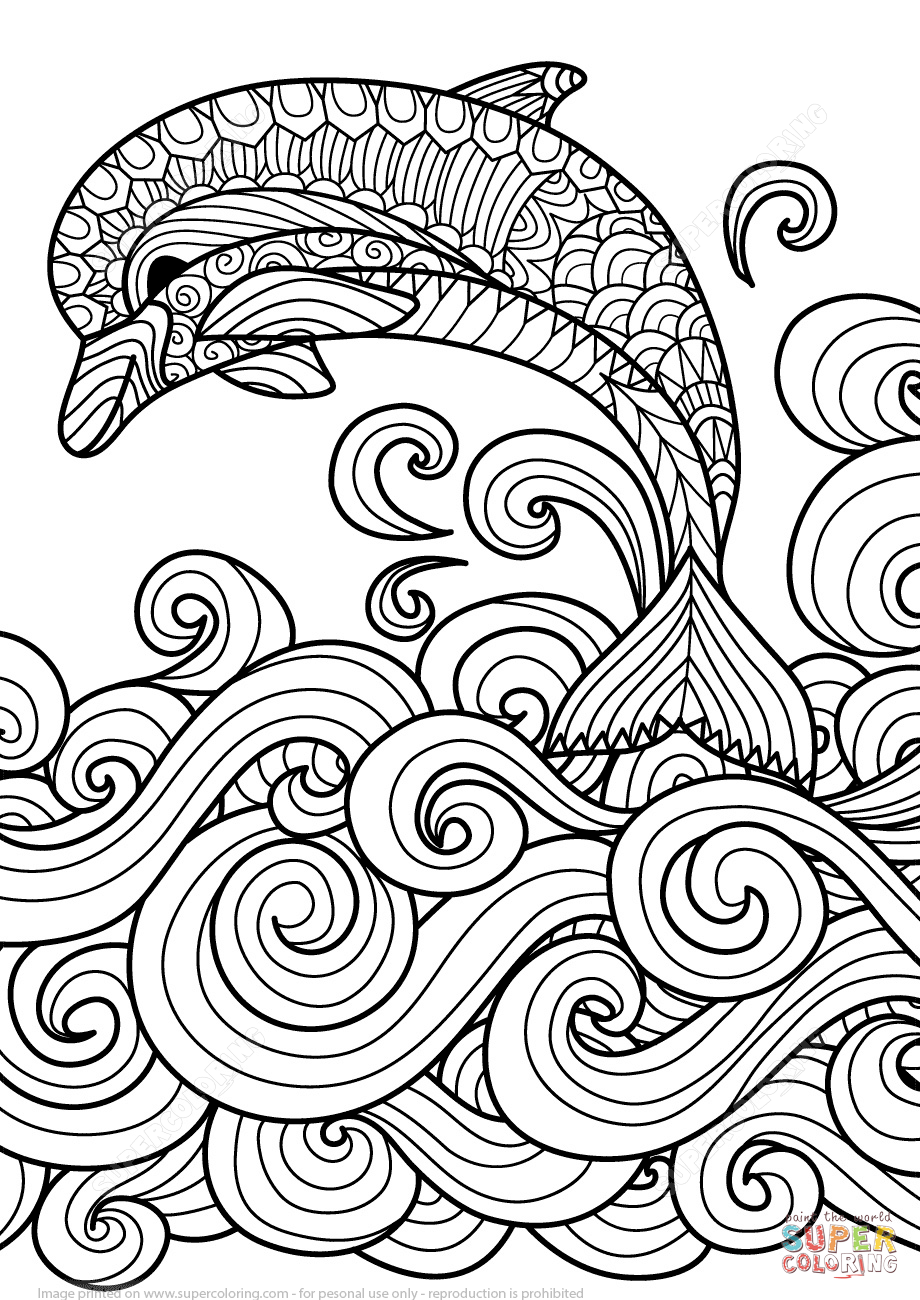 920x1300 Zentangle Dolphin With Scrolling Sea Wave Coloring Page Free