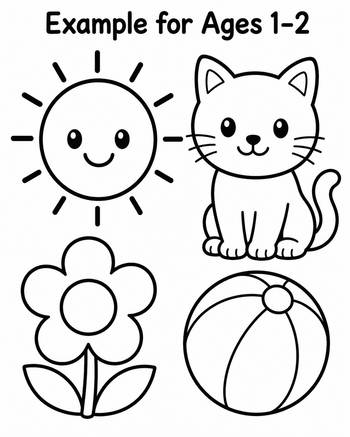 Simple coloring page examples for children ages 1 to 2, including a sun, cat, flower, and ball