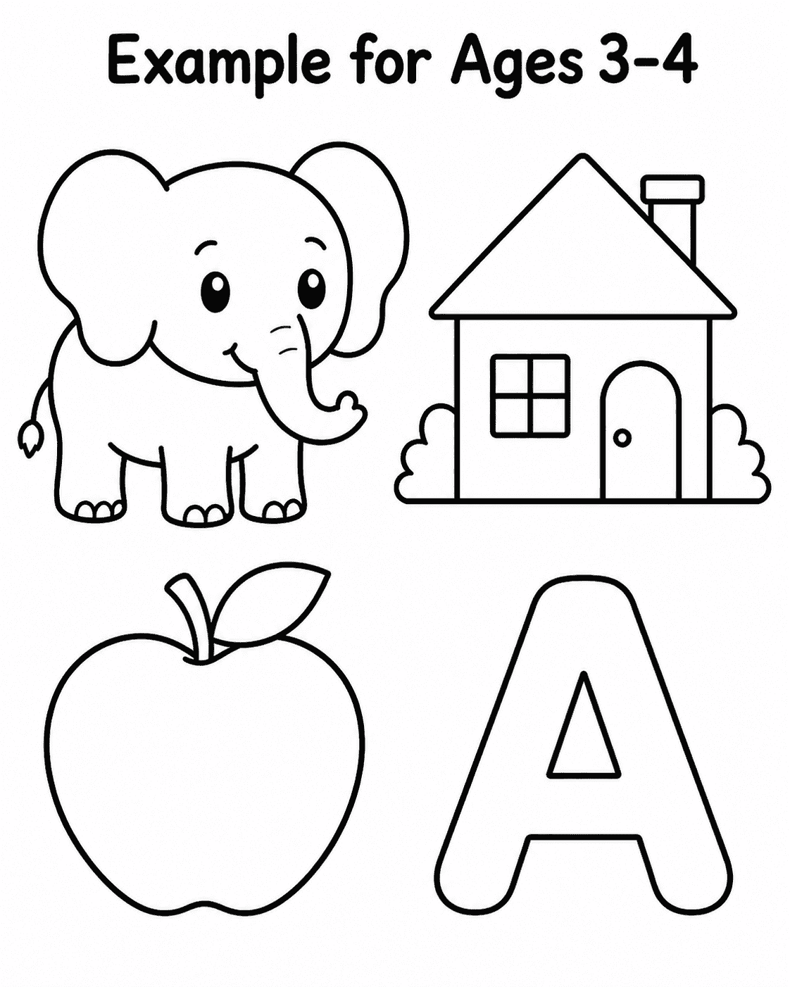 Coloring page examples for children ages 3 to 4, including an elephant, house, apple, and letter A