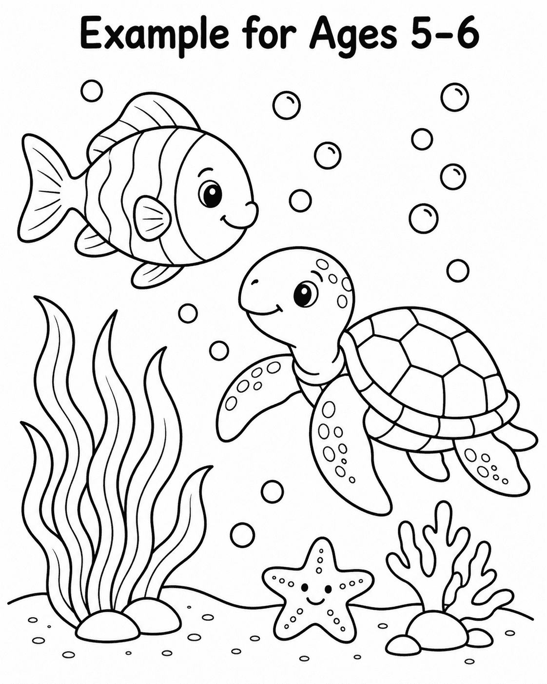 Underwater coloring page example for children ages 5 to 6 with a fish, sea turtle, starfish, and plants