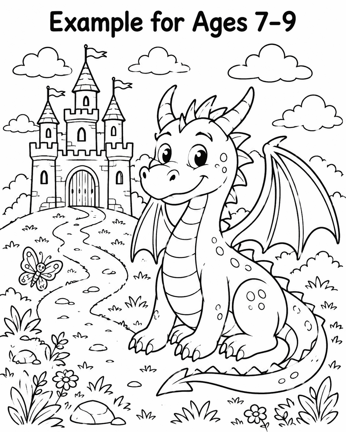 Detailed fantasy coloring page example for children ages 7 to 9 with a dragon and castle
