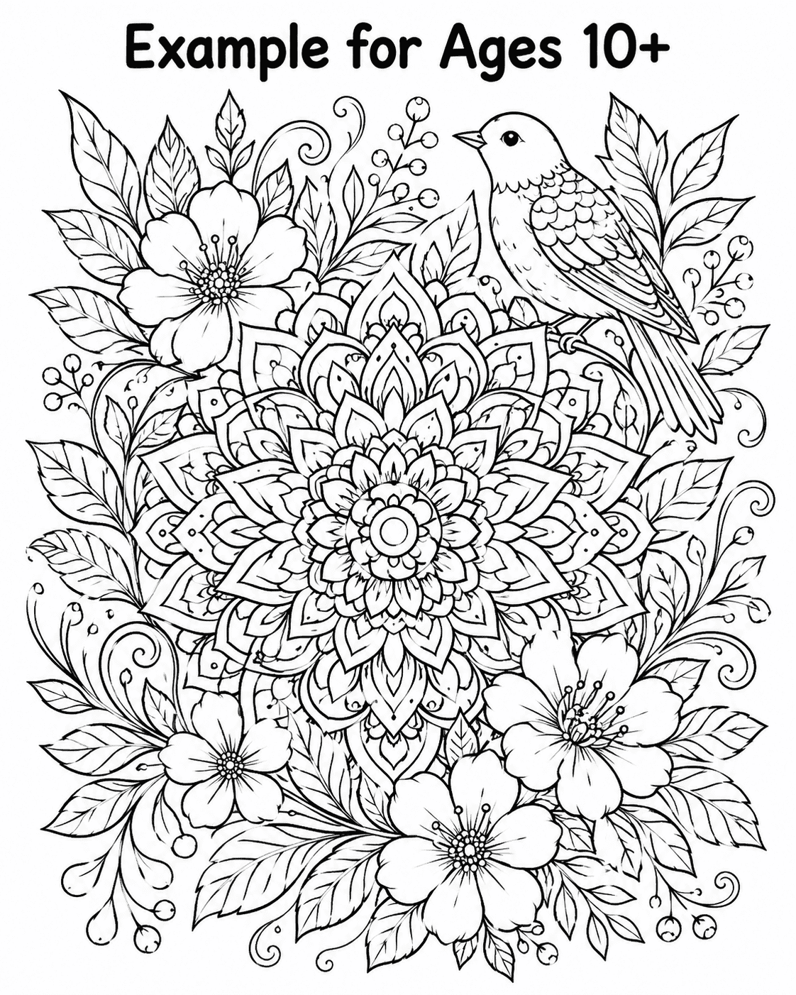 Intricate floral mandala and bird coloring page example for children ages 10 and older
