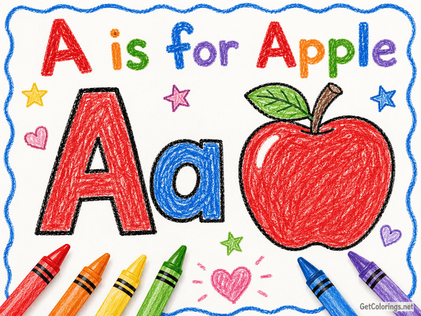 Alphabet coloring example showing uppercase A, lowercase a, and an apple