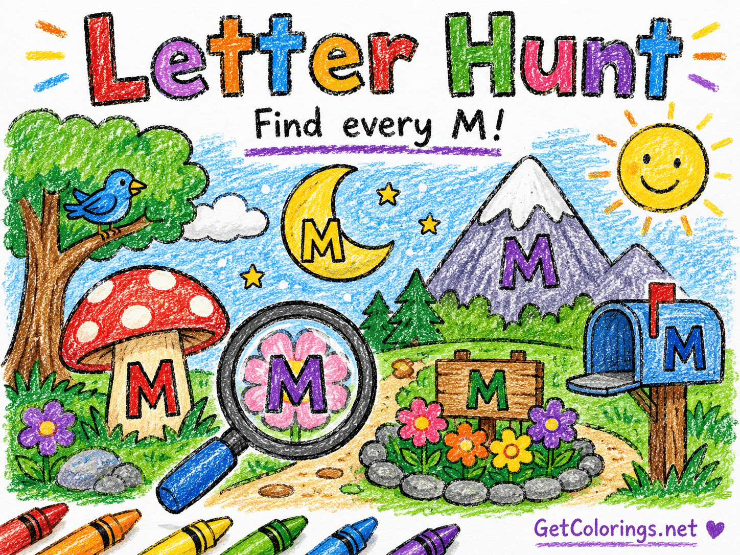 Letter hunt activity asking children to find every letter M in a picture