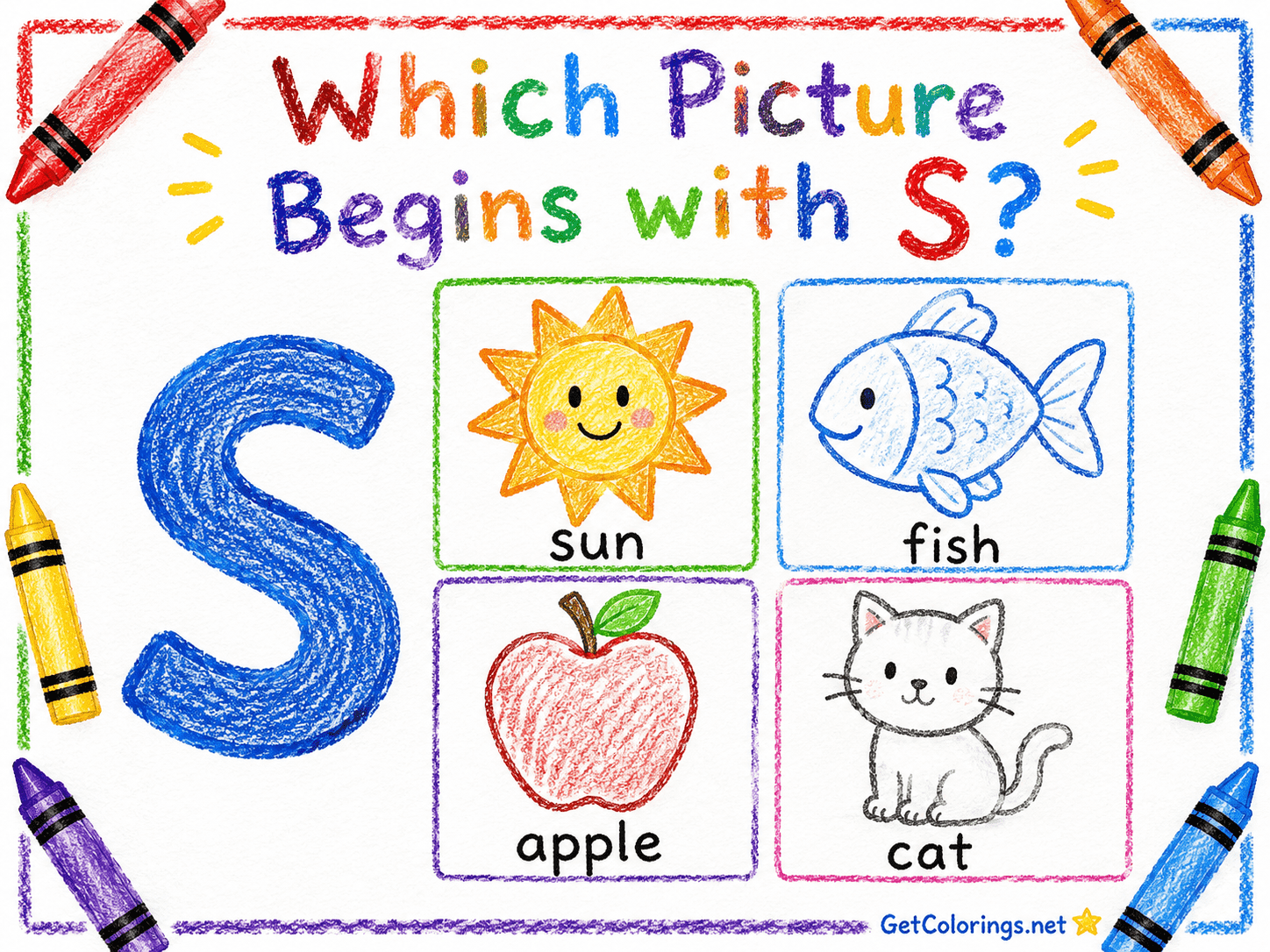 Beginning-sound activity asking which picture starts with the letter S