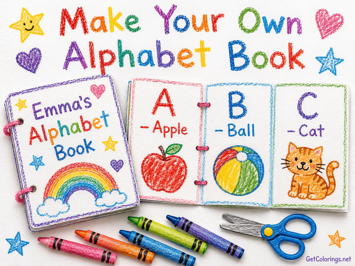 Homemade personalized alphabet book with pages for A apple, B ball, and C cat
