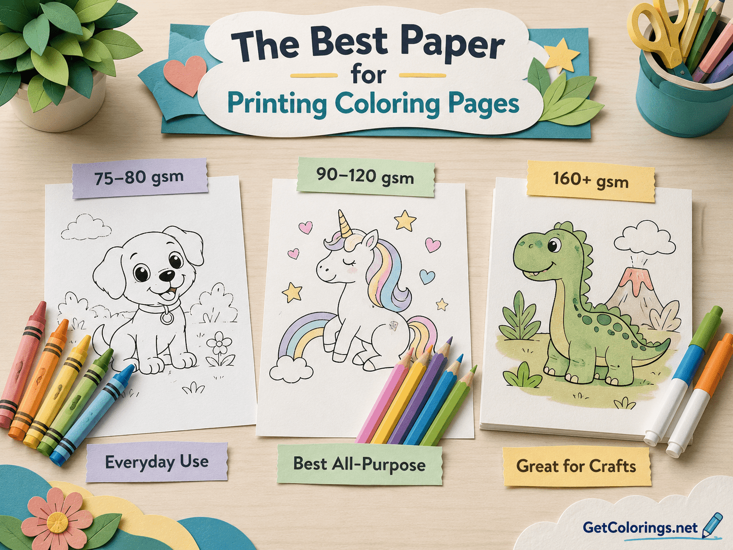 Comparison of 75–80 gsm, 90–120 gsm, and 160+ gsm paper for coloring pages