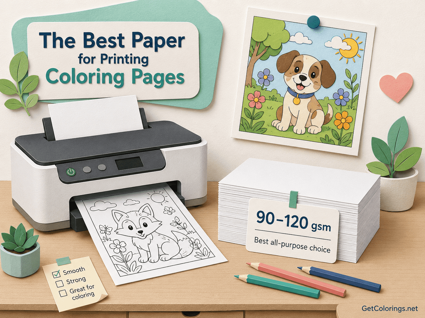 Printer and stack of 90–120 gsm paper shown as the best all-purpose choice for coloring pages