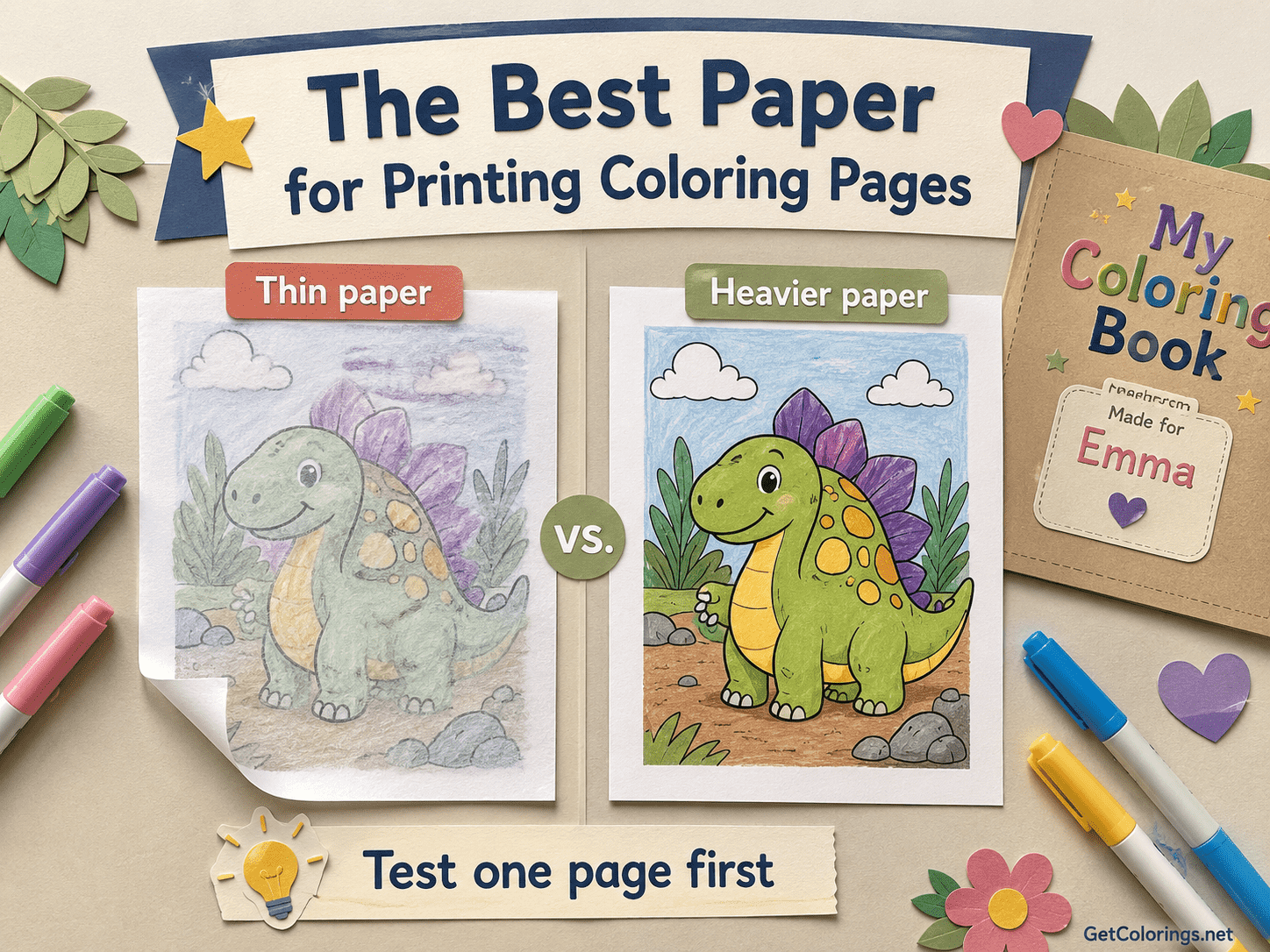 Thin paper and heavier paper compared with a colored dinosaur image