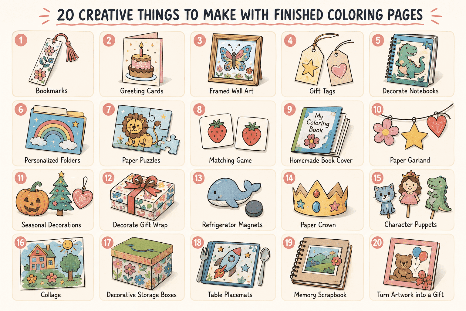 Overview of 20 creative things to make with finished coloring pages