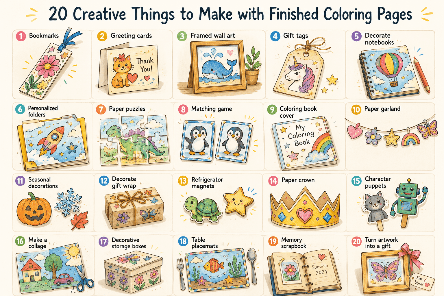 Illustrated guide showing 20 crafts made from completed coloring pages