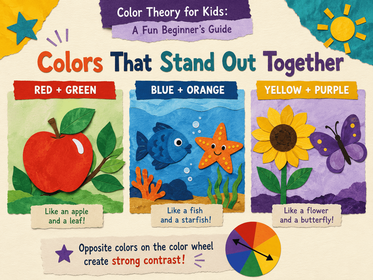 Complementary color pairs red and green, blue and orange, and yellow and purple