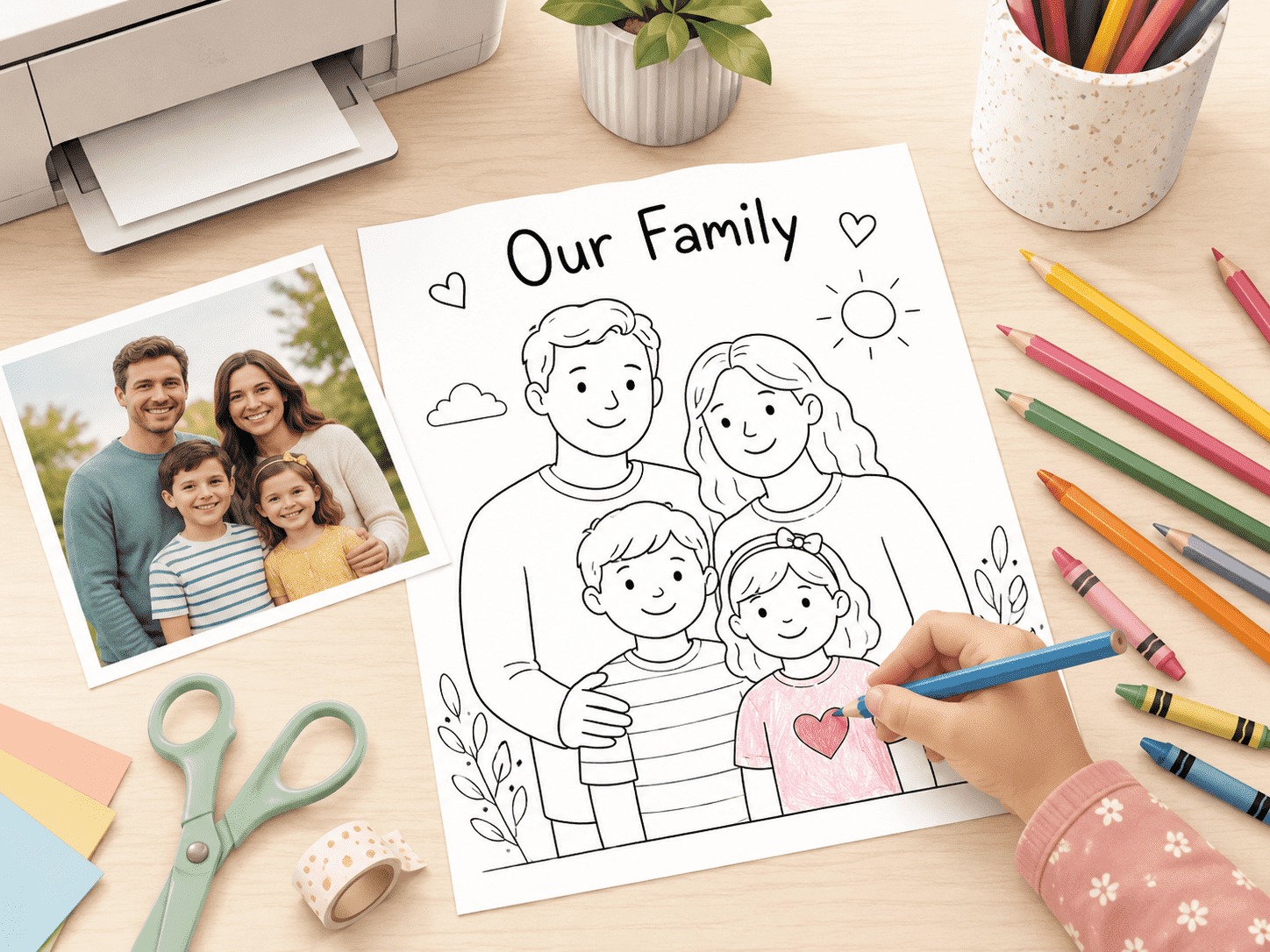 Child coloring a personalized family coloring page beside the original family photo