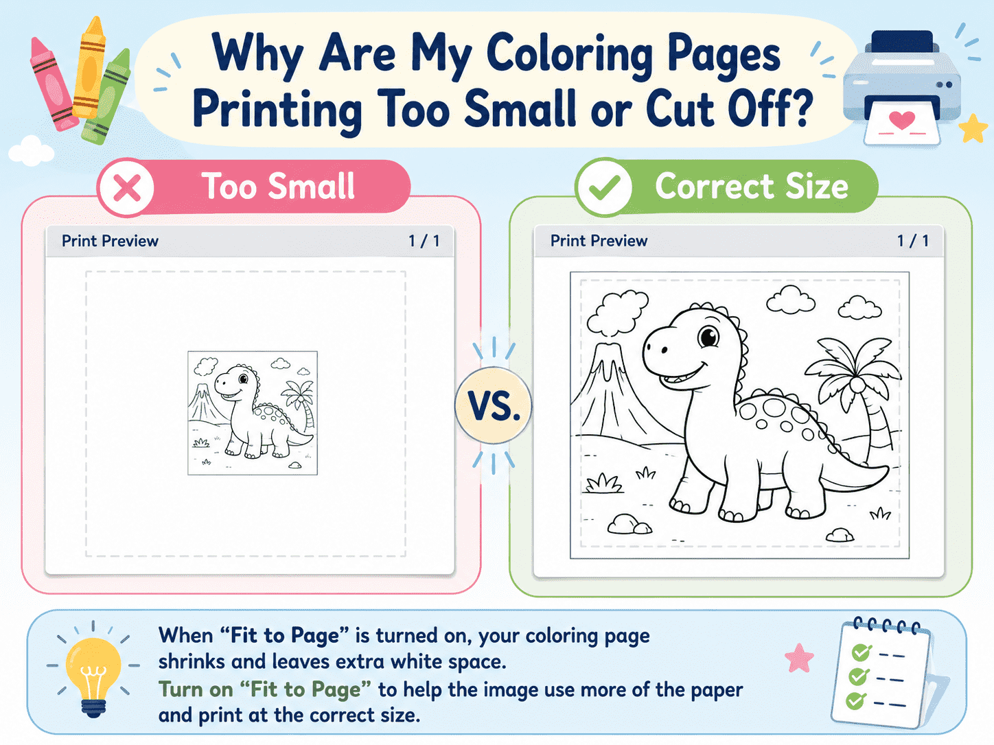 Print preview comparison showing a coloring page printed too small and at the correct size