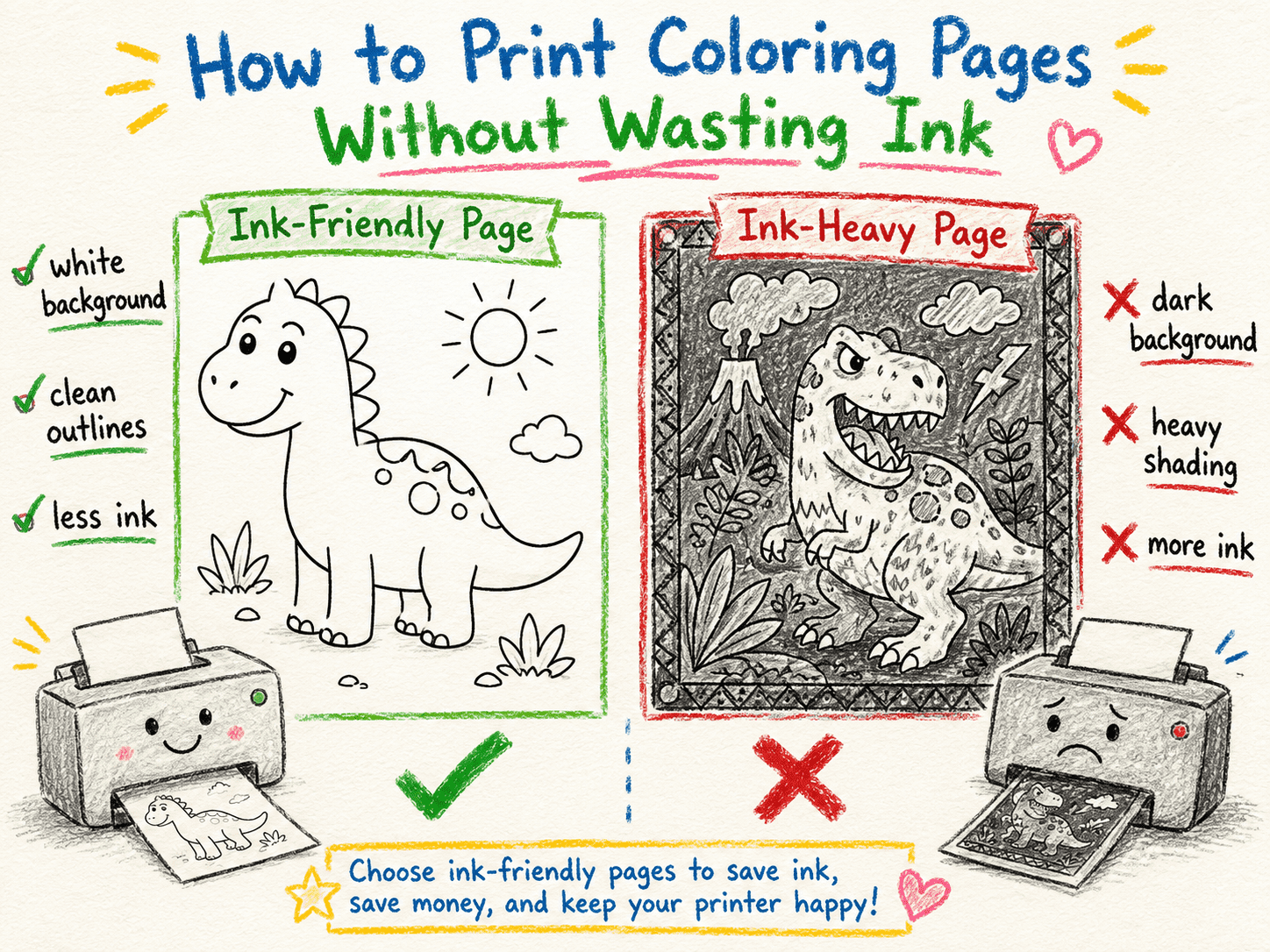 Ink-friendly coloring page with a white background compared with an ink-heavy page containing dark shading