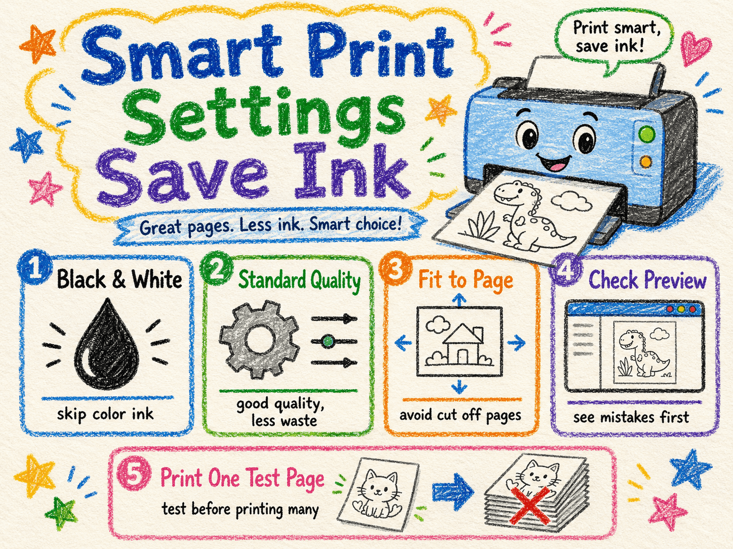 Ink-saving print settings including black and white, standard quality, Fit to Page, print preview, and one test copy