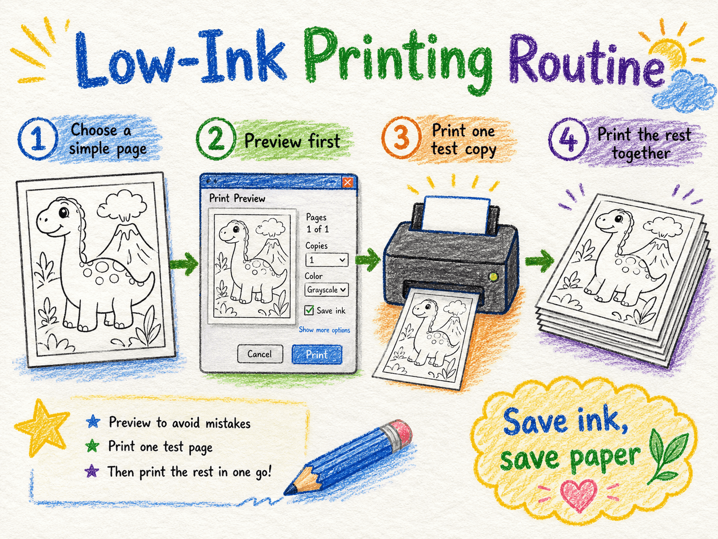 Four-step low-ink printing routine: choose a simple page, preview it, print one test copy, and print the remaining pages together