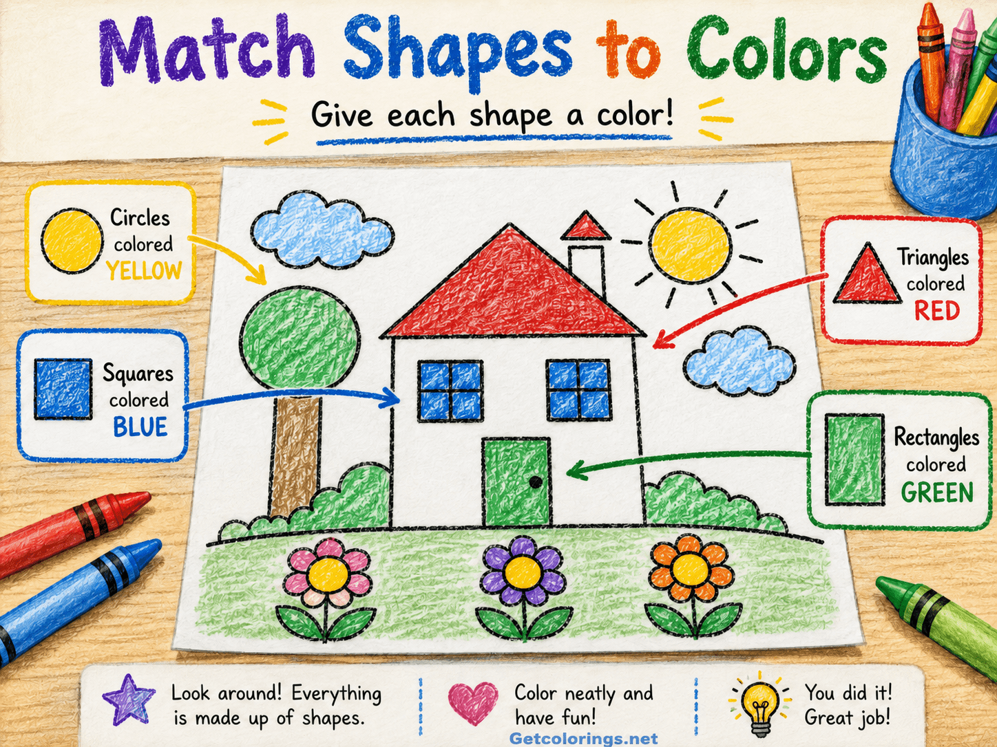 House coloring activity matching circles, squares, triangles, and rectangles to different colors