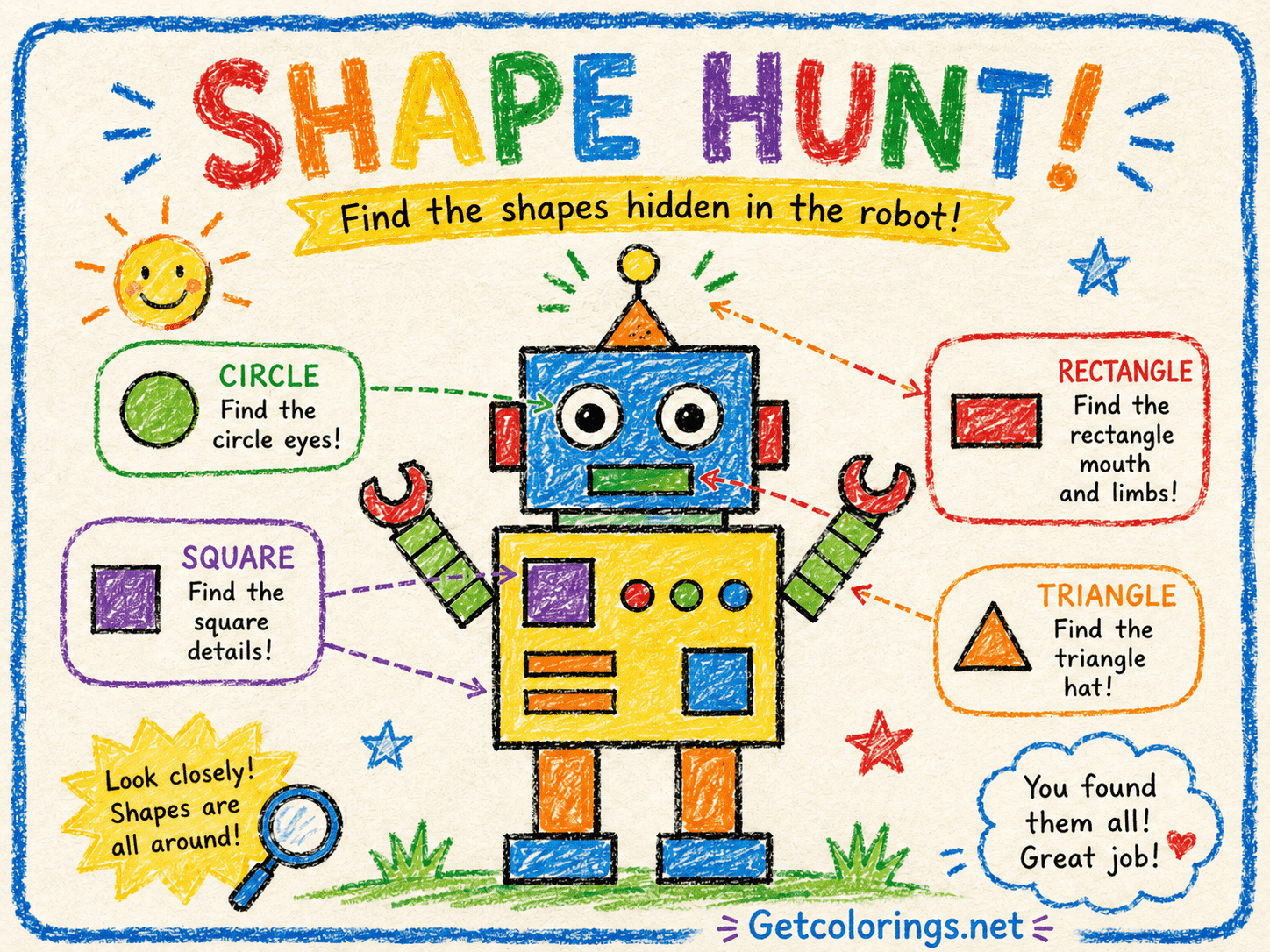 Robot shape hunt identifying circles, squares, rectangles, and triangles