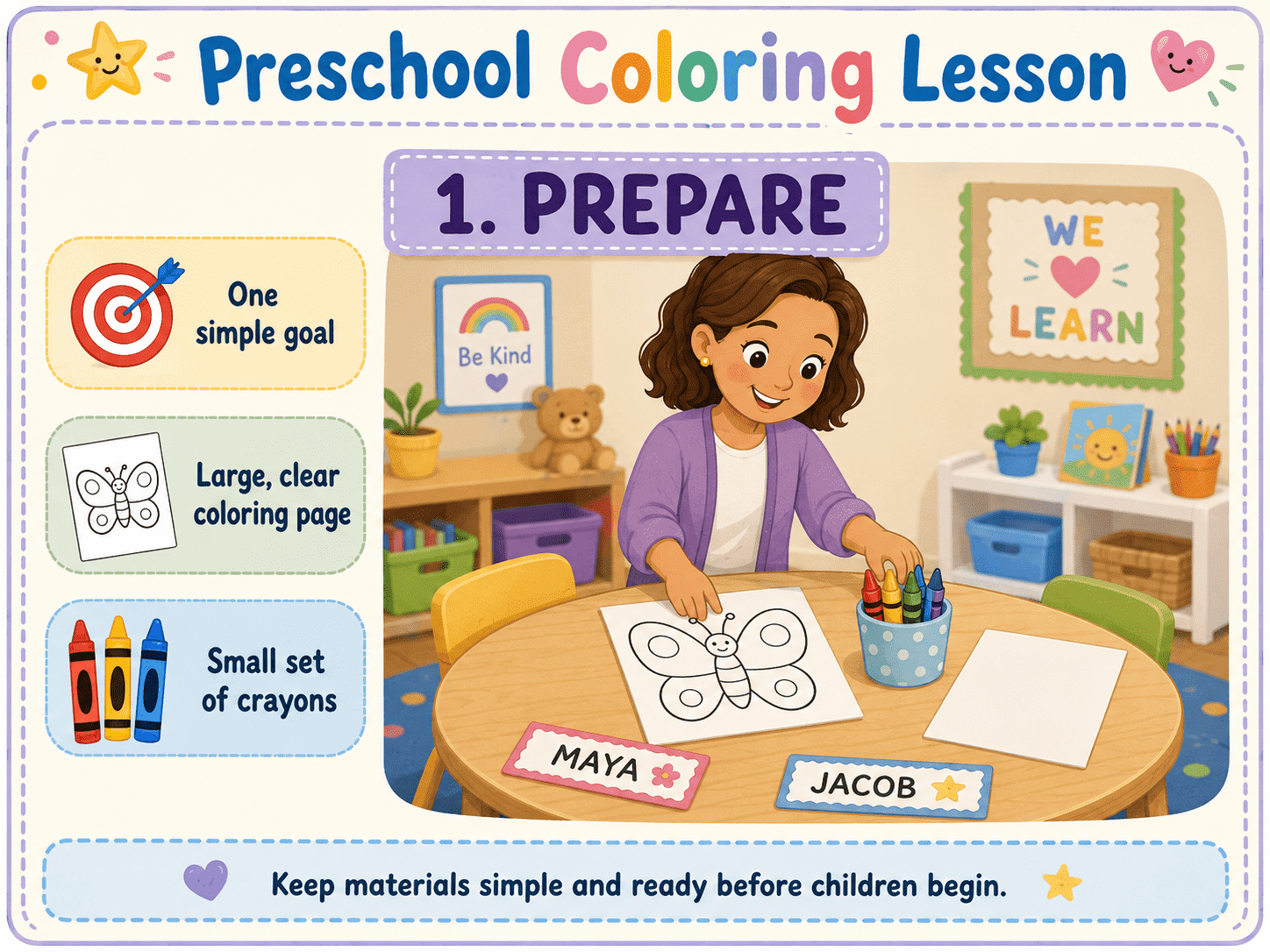 Preschool coloring lesson preparation with one simple goal, a clear coloring page, and a small set of crayons