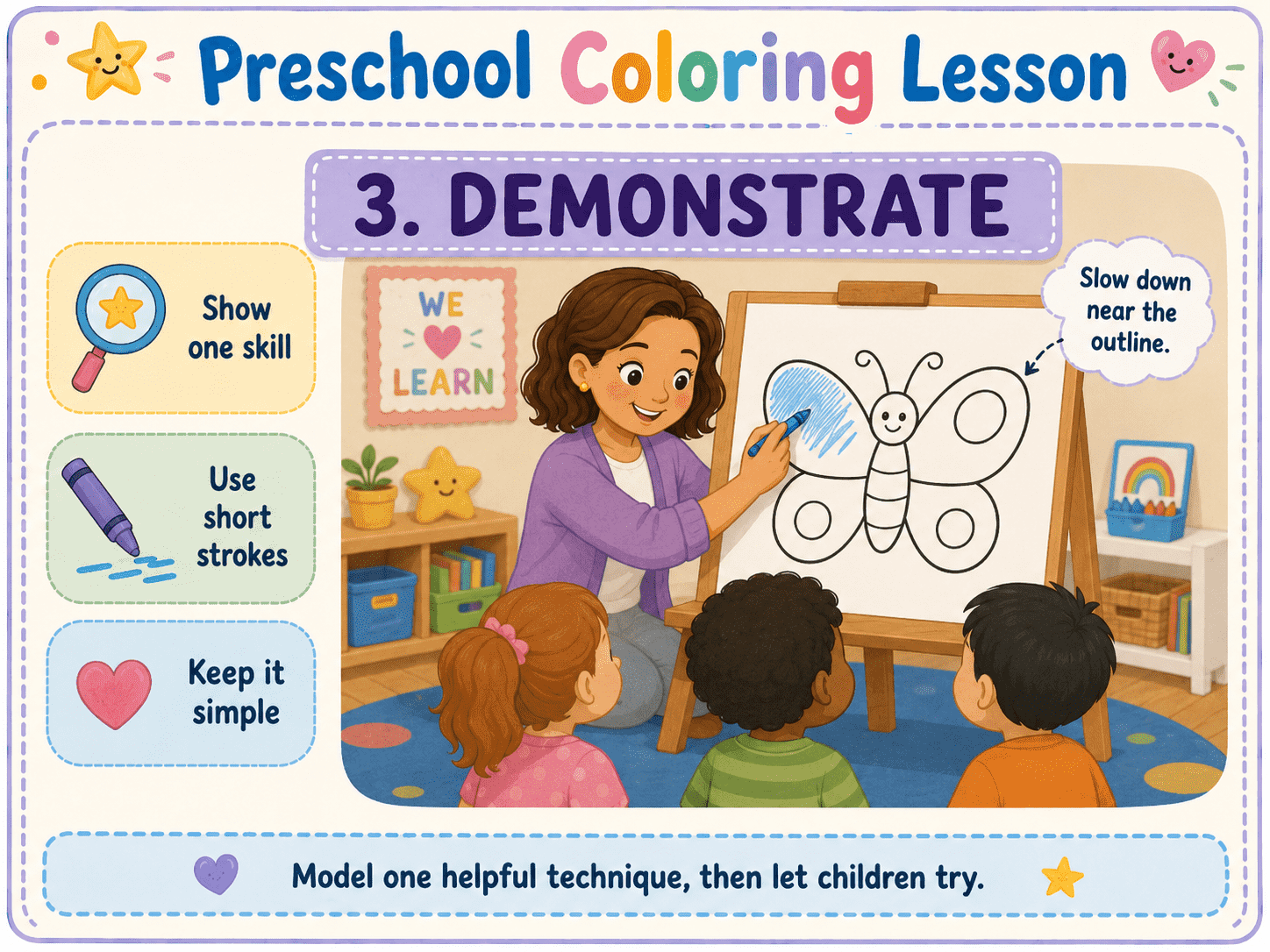 Teacher demonstrating short coloring strokes and slowing down near the outline