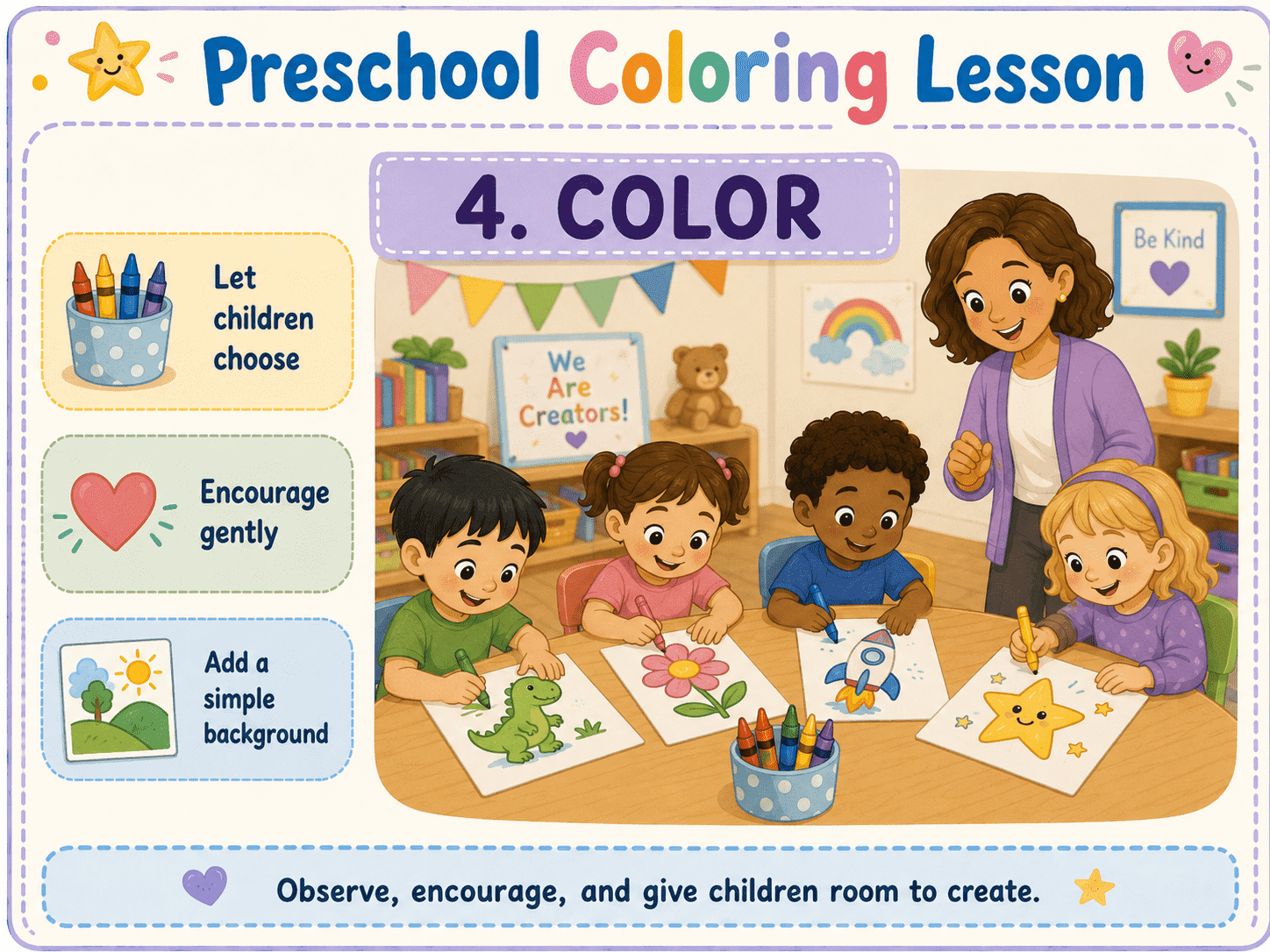 Preschool children coloring their own pictures while the teacher observes and encourages them