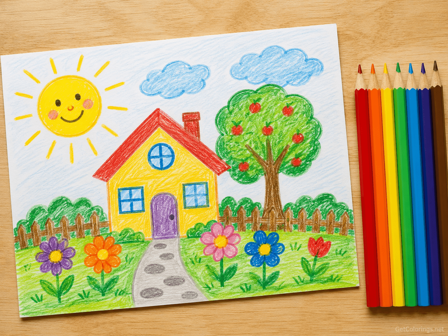 Colorful child’s drawing of a house, apple tree, flowers, sun, and clouds beside colored pencils