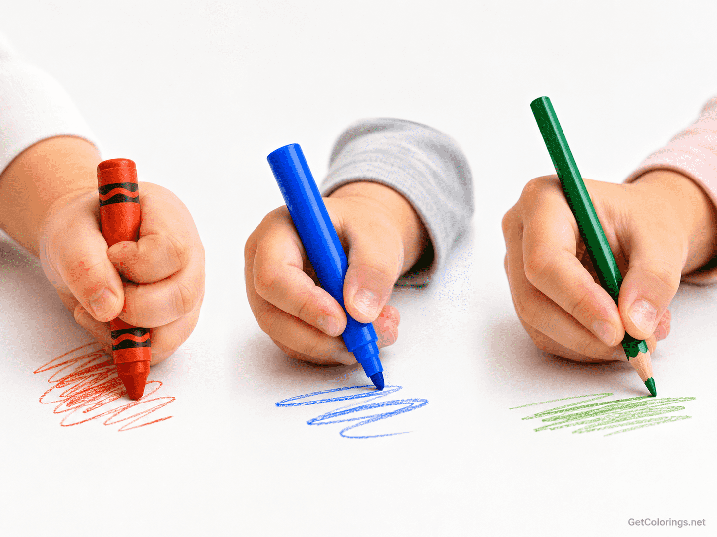 Three stages of children holding a crayon, marker, and colored pencil with different grips