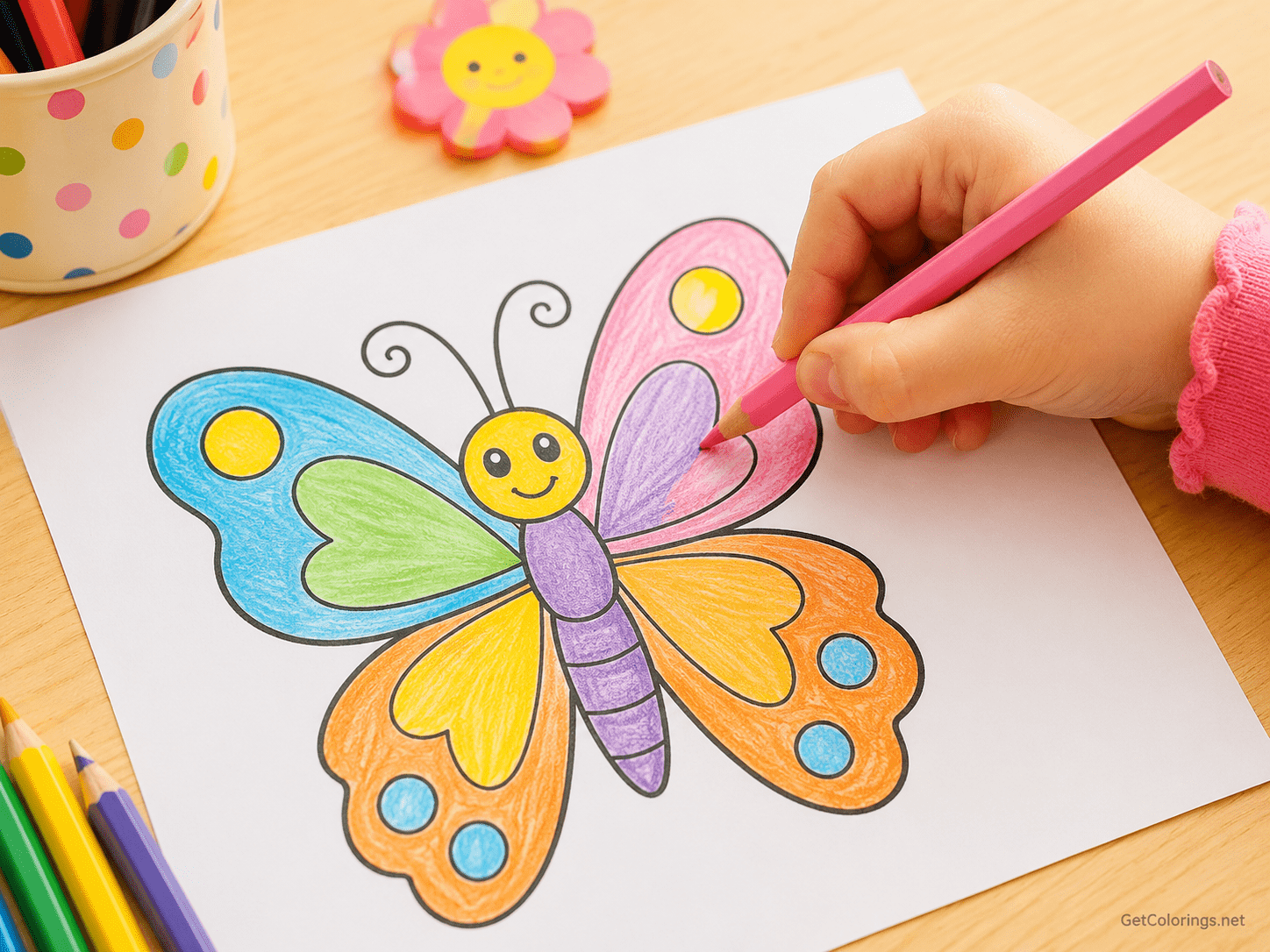 Child using a colored pencil to color a butterfly and practice hand-eye coordination