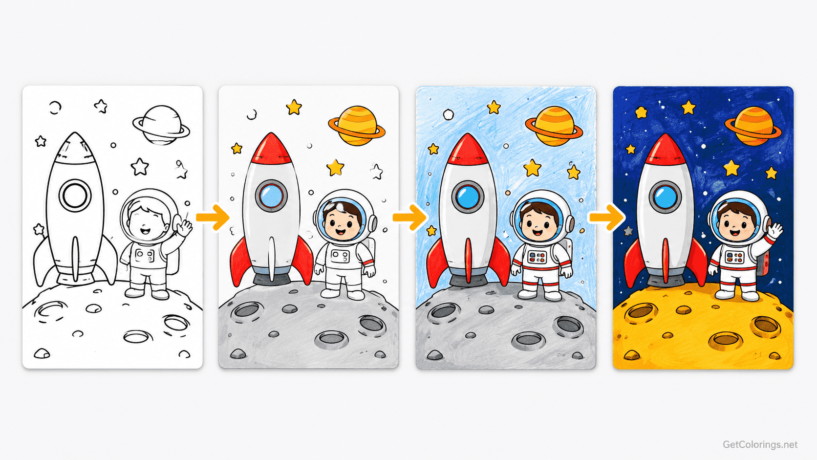 Four-step example showing a space coloring page progressing from outline to a completed picture