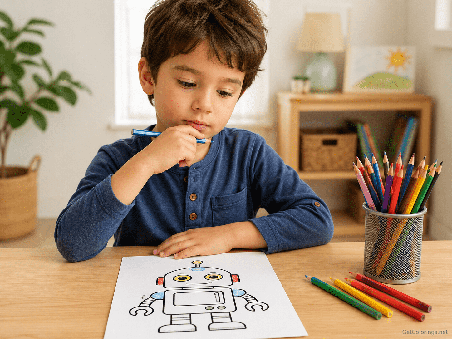 Child thinking about which color to choose while coloring a robot