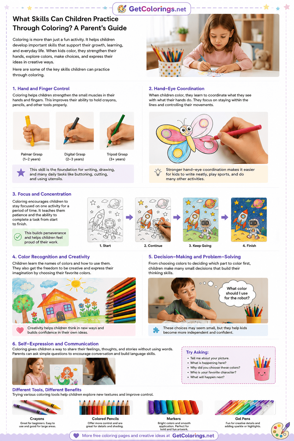 Infographic summarizing skills children can practice through coloring, including hand control, coordination, focus, creativity, decision-making, and self-expression