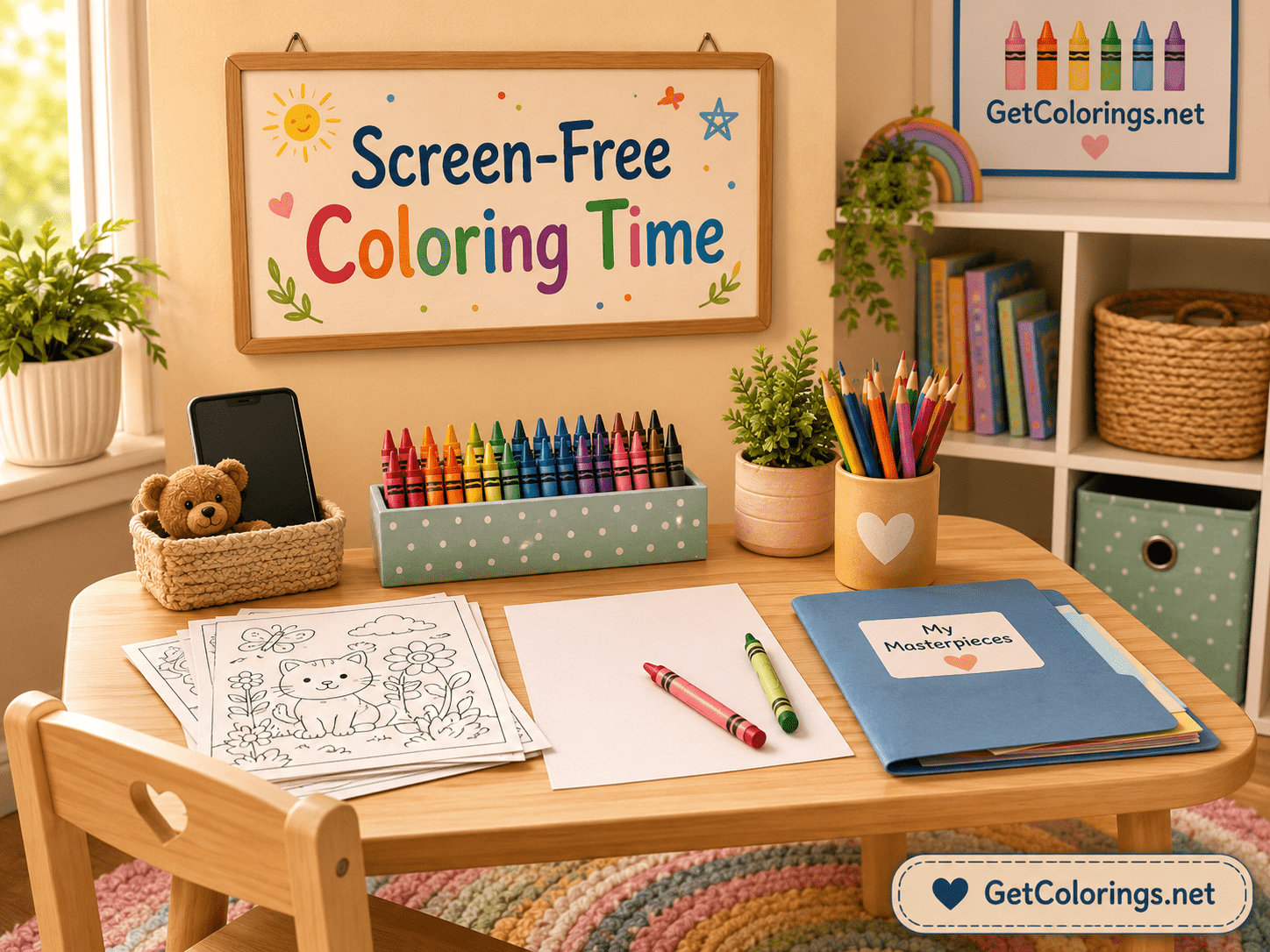Prepared screen-free coloring area with printed pages, crayons, blank paper, and a folder for artwork